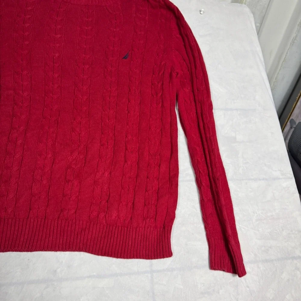 Nautica Mens Pullover Sweater Red Cable Knit Logo Crew Neck Long Sleeve Size 2XL